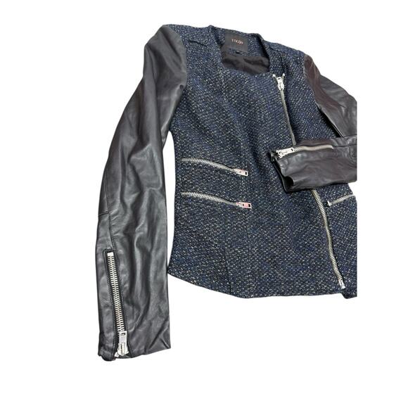 Maje Black Tweed Leather Sleeve Moto Zip Jacket FR 38 US 6 Chic Parisian Style - Picture 4 of 12